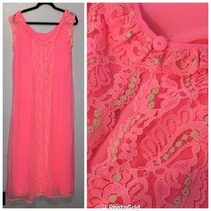 Vintage 70s Pink Barbiecore Nightgown, Layered Long Nightgown Lace Chiffon (T1)